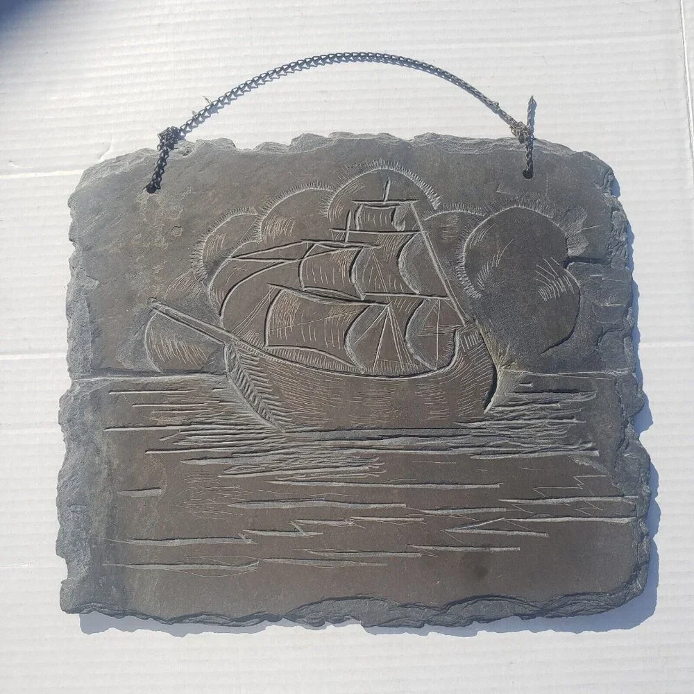 Vintage Slate Etching Ship Sail Boat Sailing‎ Vessel Barque Schooner Nautical